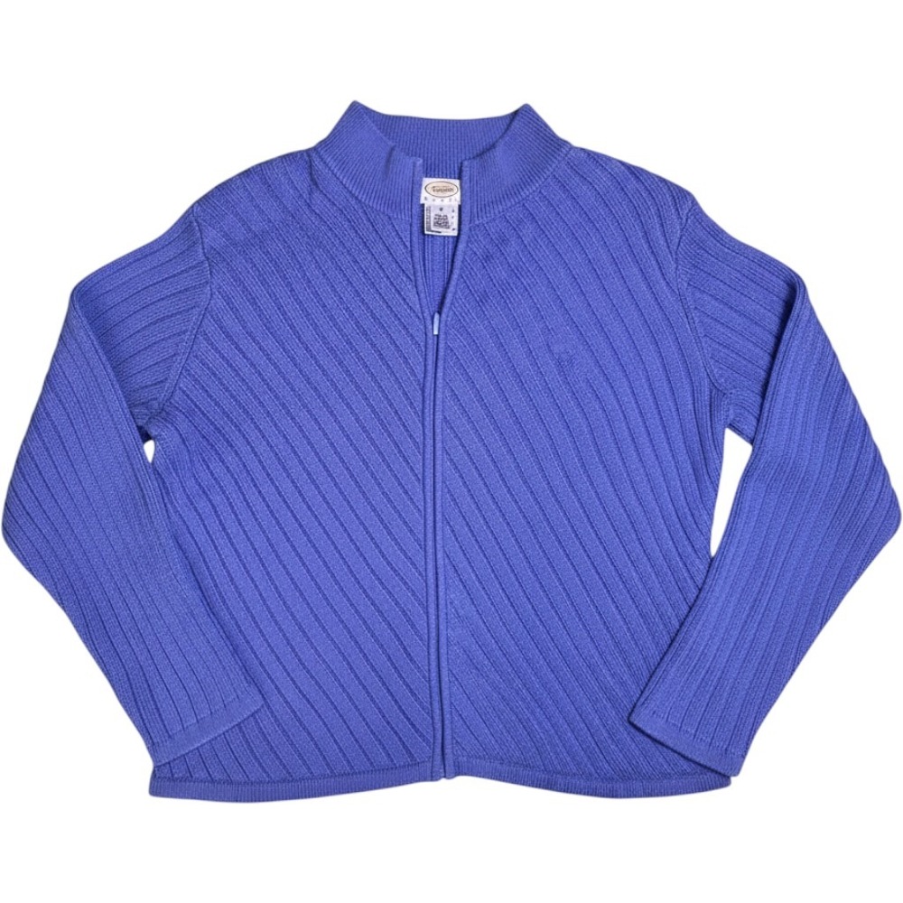 Talbots Cardigan Women Medium Petite Blue Full Zip Ribbed Cotton Rayon Sweater